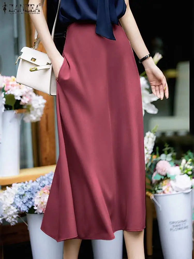 ZANZEA 2023 Fashion Autumn High Waist Skirt Elegant Women Office Lady Satin A-line Midi Skirts Summer Solid Faldas Saia Jupe