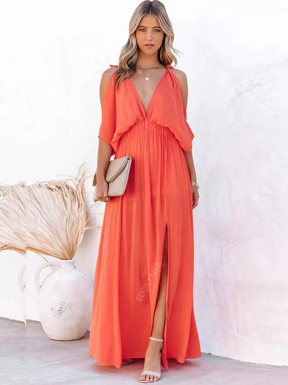 Boho Chiffon V-Neck Off Shoulder Sleeve Slit Tunic Dress Women 2023 Summer Elegant Solid Color Beach Wear Maxi Dresses A1445