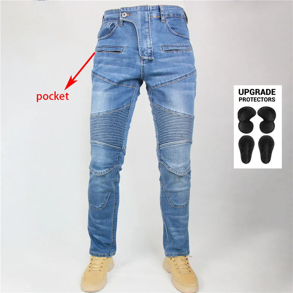 Men Jeans Collection Classic Denim UGB06 PK718 PK719 Zip Motorcycle Pants  Pantalones Motocicleta Hombre Featherbed Jeans Gears - MAGNET MARKET