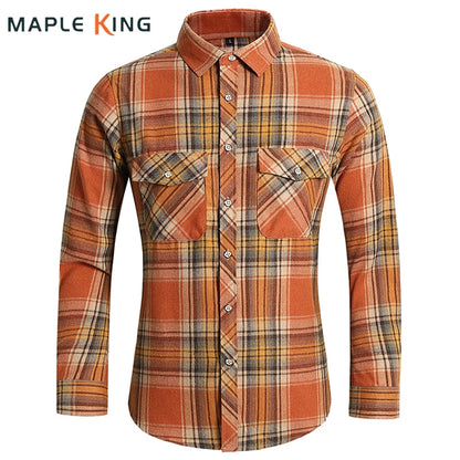 Plaid Shirt Autumn Men Long Sleeve Vinatge Orange Double Pocket Camisas Social Business Button Shirts Mens Elegant Streetwear