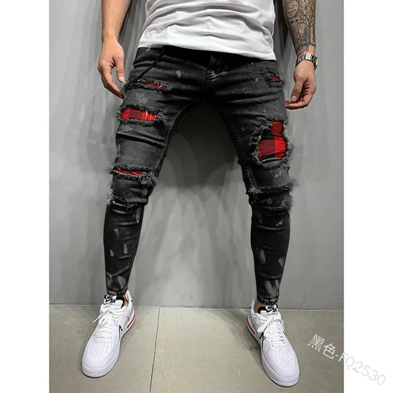 White Embroidery Jeans Men Cotton Stretchy Ripped Skinny Jeans High Quality Hip Hop Black Hole Slim Fit Oversize Denim Pants - MAGNET MARKET