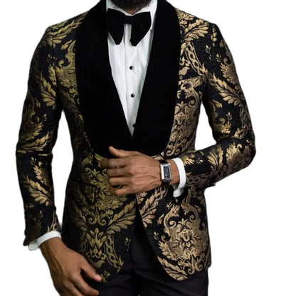 Black Floral Jacquard Men Suits for Prom 2 Piece Slim Fit with Velvet Shawl Lapel Wedding Groom Tuxedo Male Fashion Clothes 2023 - MAGNET MARKET