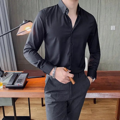 2023 Spring and Autumn Men's Standing Neck Solid Color Slim Fit Button Casual Fashion Elegant Commuter Long Sleeve Shirt Tops