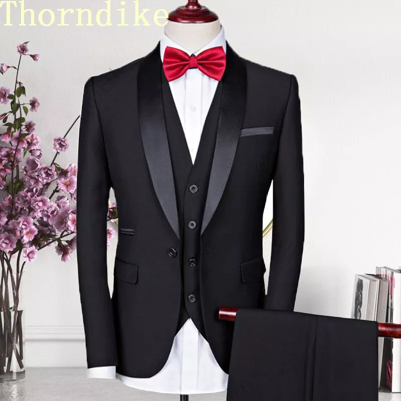 Thorndike Men Suits 3 Pieces Black Fit Casual Groomsmen Army Lapel Business Tuxedos for Formal Wedding(Blazer+Pants+Vest) - MAGNET MARKET