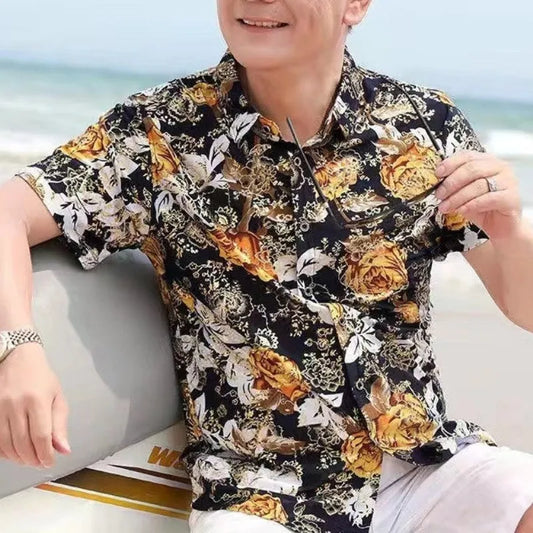 Summer Short Sleeve Shirt Men's Ice Silk Turn-down Collar Blouse Loose Large Floral Printing Button Elegant Fashion Tops