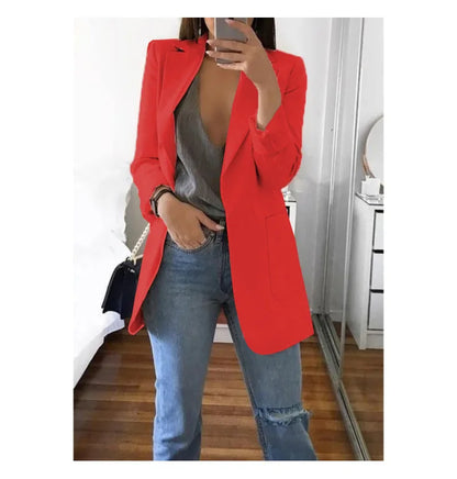 Autumn And Winter Women's Fashion Solid Color Polo Neck Slim Fit Coat Elegant Women's Long Sleeve Pocket Casual Suit Coat S-5XL