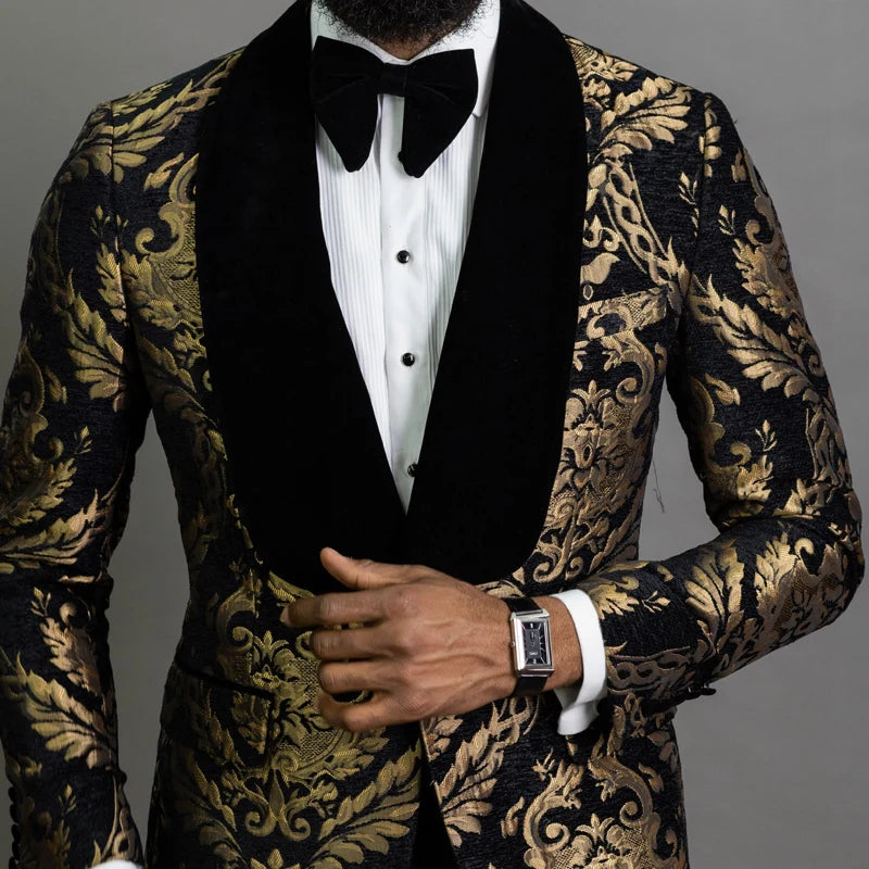 Black Floral Jacquard Men Suits for Prom 2 Piece Slim Fit with Velvet Shawl Lapel Wedding Groom Tuxedo Male Fashion Clothes 2023 - MAGNET MARKET