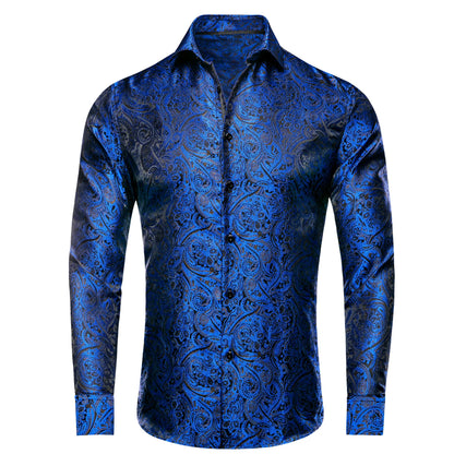 Hi-Tie Long Sleeve Silk Shirts for Men Suit Dress Outwear Male Slim Jacquard Wedding Floral Paisley Gold Blue Red High Quality