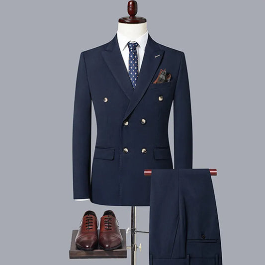 2023 Fashion New Men's Casual Boutique Double Breasted Solid Color Business Suit Jacket Trousers Pants 2 Pcs Set Blazers Coat