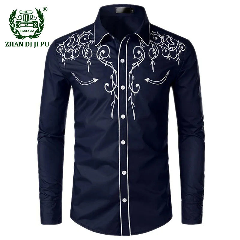 Western Cowboy Embroidery Shirts Men Casual Long Sleeve Slim Fit Shirt Male Wedding Party Social Men's Club Prom Chemise Homme