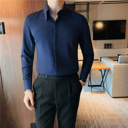 Men New Four Seasons Shirt High-grade Solid Color Elegant All-match Hidden Button Fashion Business Casual Daily Gentleman Shirt