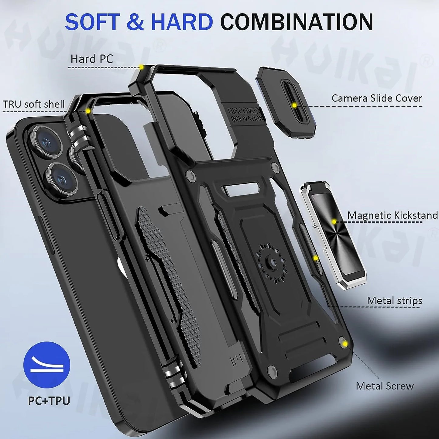 Slide Camera Case For iPhone 15 Pro Max 14 13 12 Pro Max 11 XR XS Max X 8 7 Ring Stand Armor Anti-fall Protection Kickstand Cove