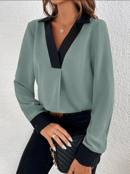 Women's Fashion V-neck Contrast Long Sleeve Casual Shirt 2023 Autumn/Winter New Elegant Office Lady Blouse Women Tops S-XXL