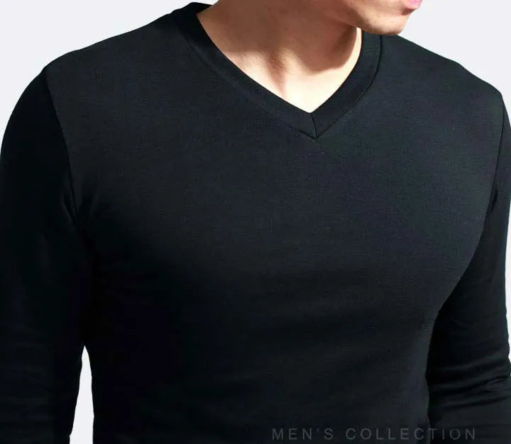 2023 Elastic Mens T-Shirt V-Neck Long Sleeve Men T Shirt For Male T-Shirts Man Clothing TShirt Brand Tees