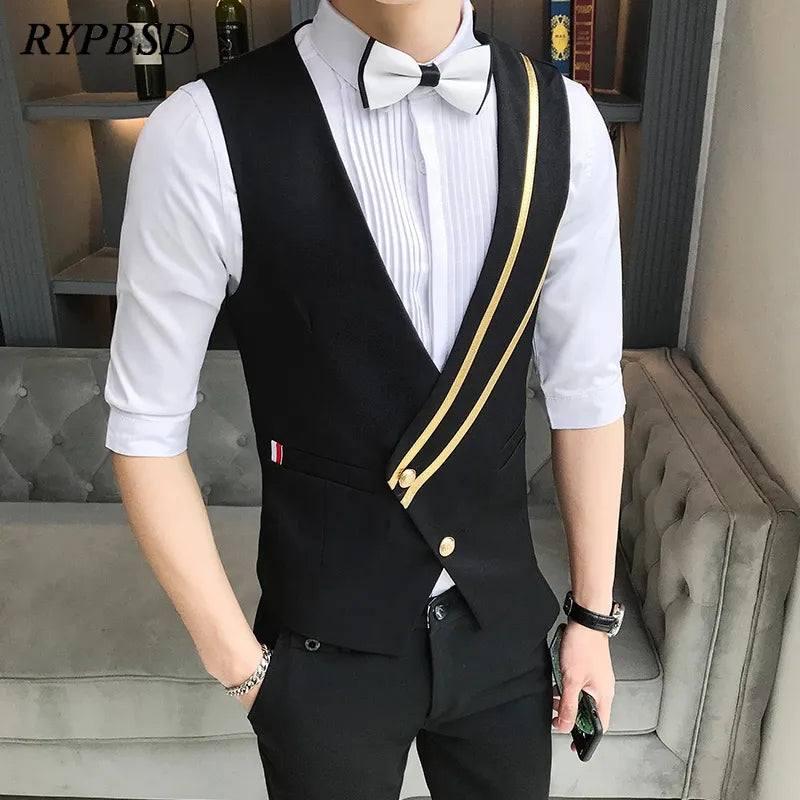 Business Casual Suit Vest for Men Formal Single Breasted Bar Waiter Work Uniform Nightclub Slim Fit Wedding Black Dress Vest Man - MAGNET MARKET