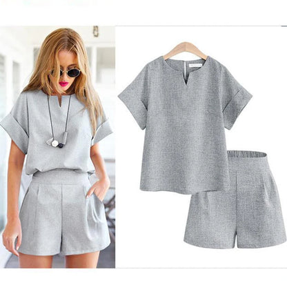 Plus Size Women Clothing Suit O-Neck Short Sleeve Solid Top Office Lady Elastic Waist Pocket Shorts 2-Piece Sets Casual Summer