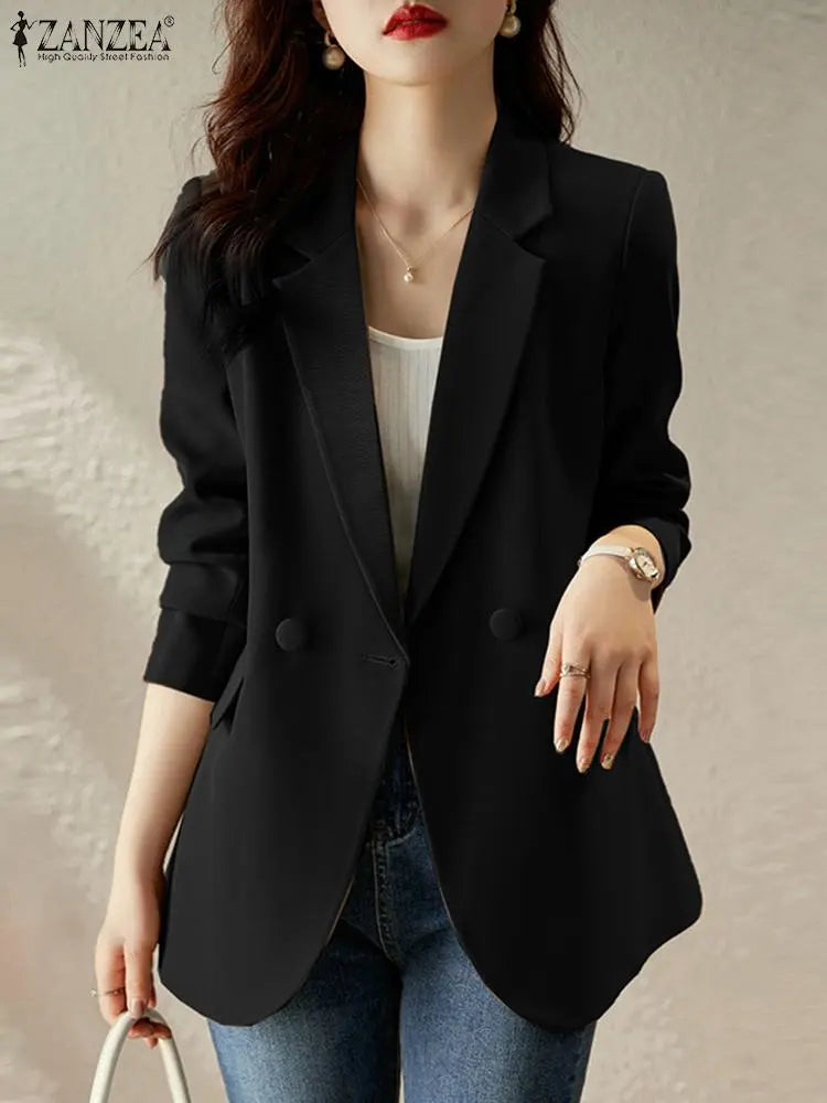 Stylish Women Blazer  Autumn Long Sleeve Coats Jackets ZANZEA Fashion Casual Lapel Neck Solid Work Suits Elegant Ladies Blouse