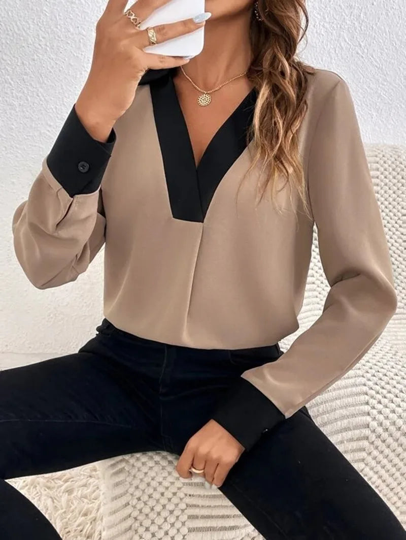 Women's Fashion V-neck Contrast Long Sleeve Casual Shirt 2023 Autumn/Winter New Elegant Office Lady Blouse Women Tops S-XXL