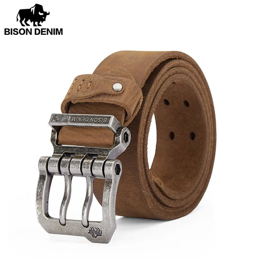 BISONDENIM Luxury Designer Belts for Men Vintage Spilt Genuine Leather Pin Buckle Waist Strap Belt for Jeans High Quality W71794