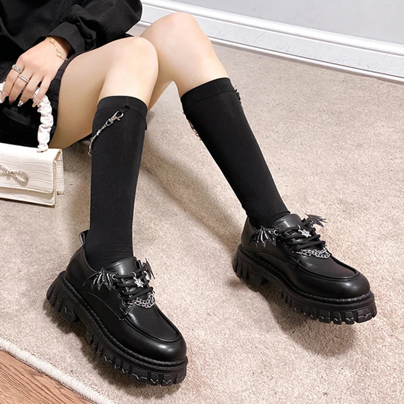 Metal Chain Platform Lolita Gothic Shoes Woman 2023 Spring College Style Patent Leather Pumps Women Japan School Uniform Shoes