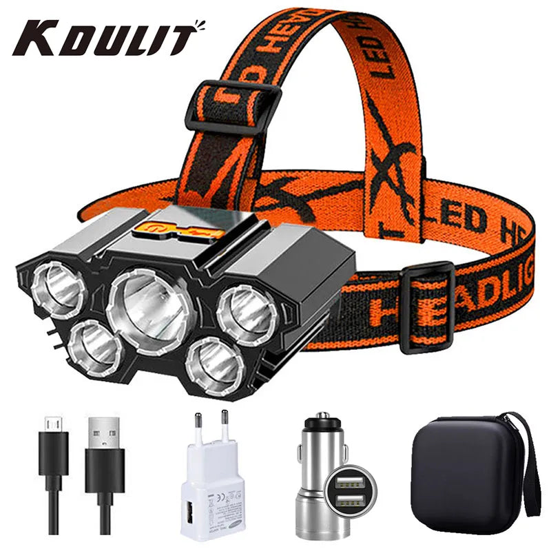 USB Rechargeable Headlamp Portable 5LED Headlight Built in Battery Torch Portable Working Light Fishing Camping Head Light