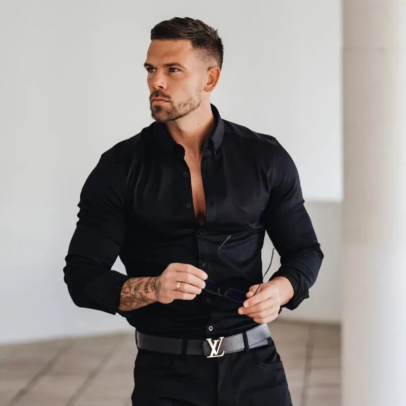 2023 Spring and Autumn Men's Solid Polo Neck Slim Fit Button Patchwork Casual Fashion Elegant Commuter Long Sleeve Shirt