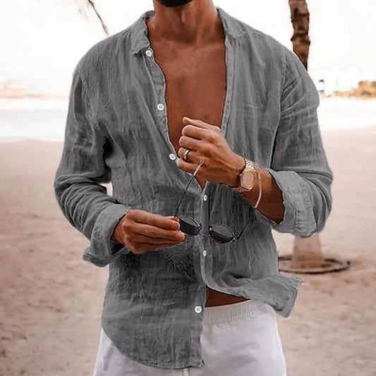 Men Shirt Lapel Pleated Long Sleeve Shirt Tops Solid Color Single Breasted V-neck Casual Shirt