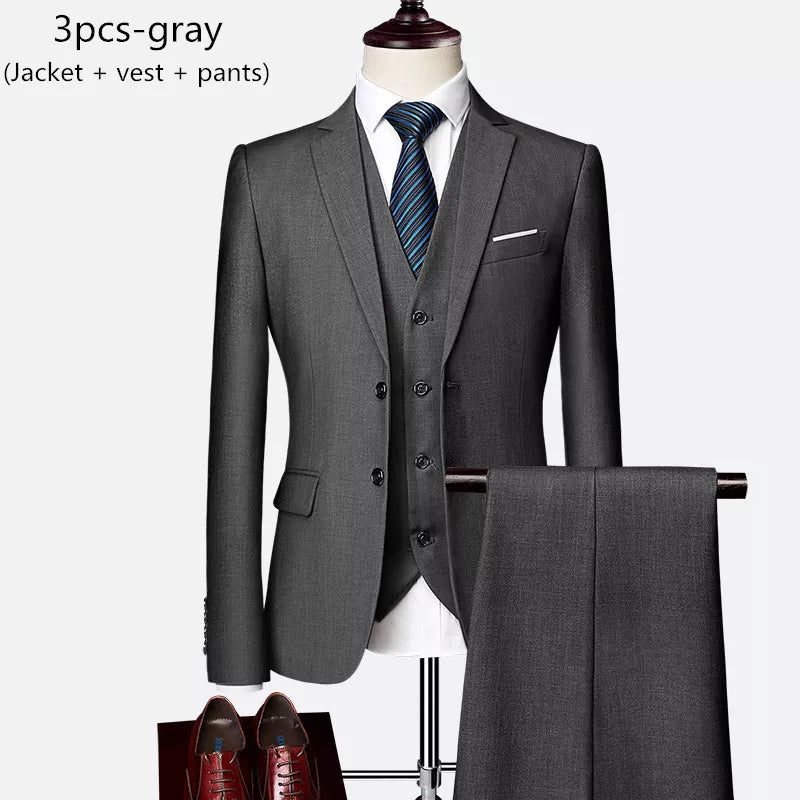 Luxury 3 piece men's wedding suit fashion men's slim solid color business office suit sets large size men Blazer+ pants + vest - MAGNET MARKET