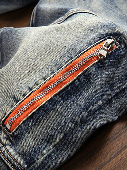 2024 New Retro Men Stitching Simple Jeans Personality Mid-Waist Slacks Fashion Zipper Motorcycle Hip Hop  Clothing