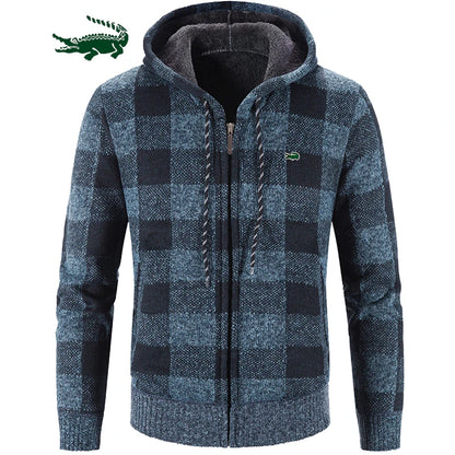 2023 Men Sweater Jacket Fashion Winter Coat Fleece Hoodies High Quality Luxury Checkered Hooded Knit Cardigan Male Outer Wear