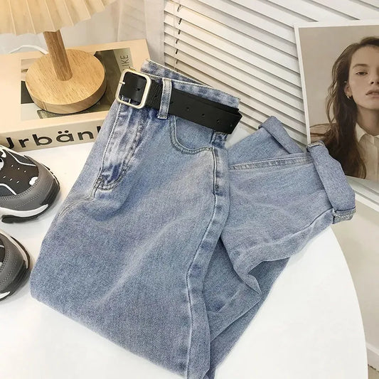 Simple Light Blue Thin Straight Pants Spring Autumn High-waist Slim Loose Women Pants 2023 All-match Streetwear Denim Trousers