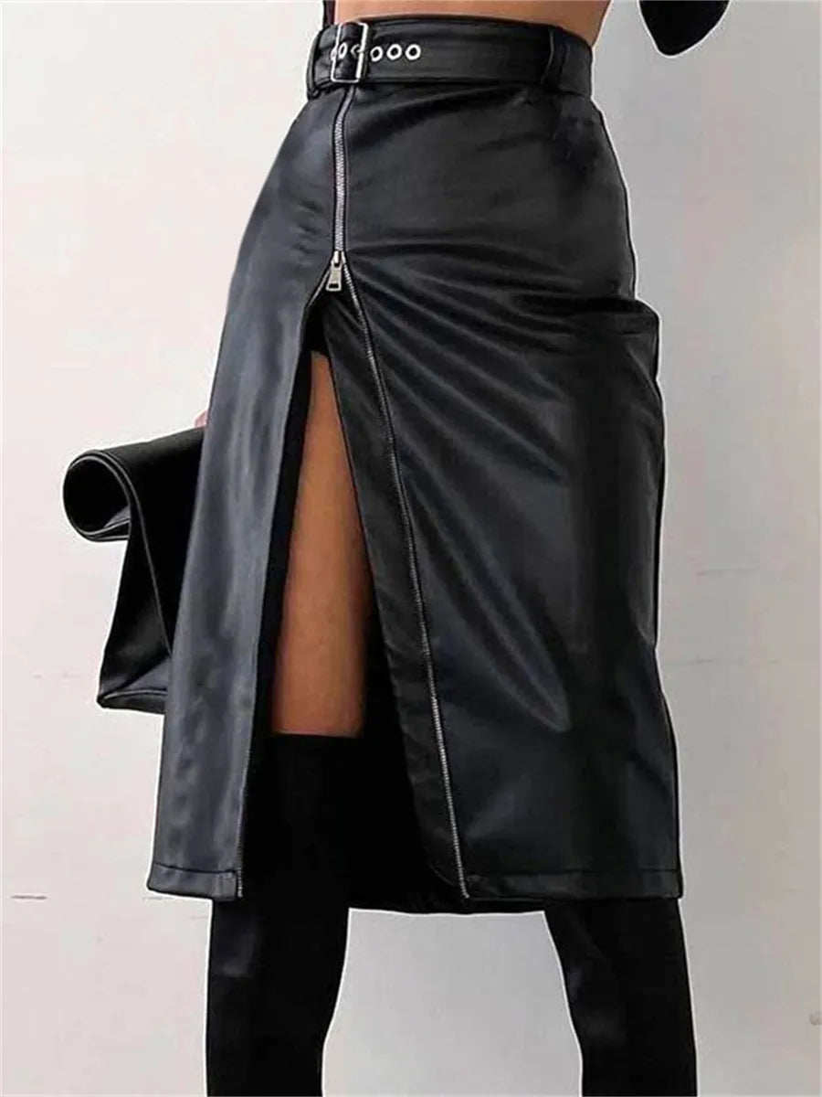 wsevypo Black PU Leather High Waist Pencil Skirts Vintage Grunge Women Streetwear Zipper High Split Bodycon Midi Skirt with Belt