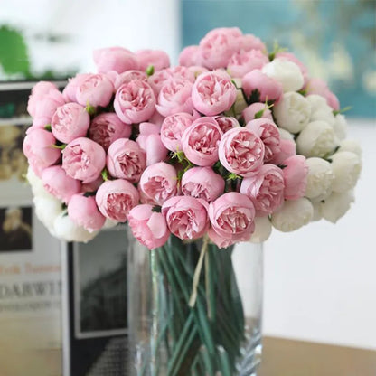 Silk Flowers Peony Artificial Flowers Rose Bouquet 27 Heads Table Flower Arrangement Bride Wedding Home Decoration Fake Flower