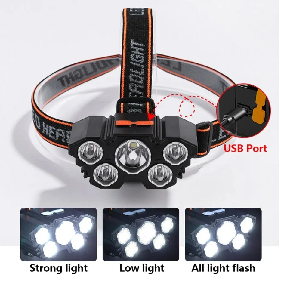 USB Rechargeable Headlamp Portable 5LED Headlight Built in Battery Torch Portable Working Light Fishing Camping Head Light