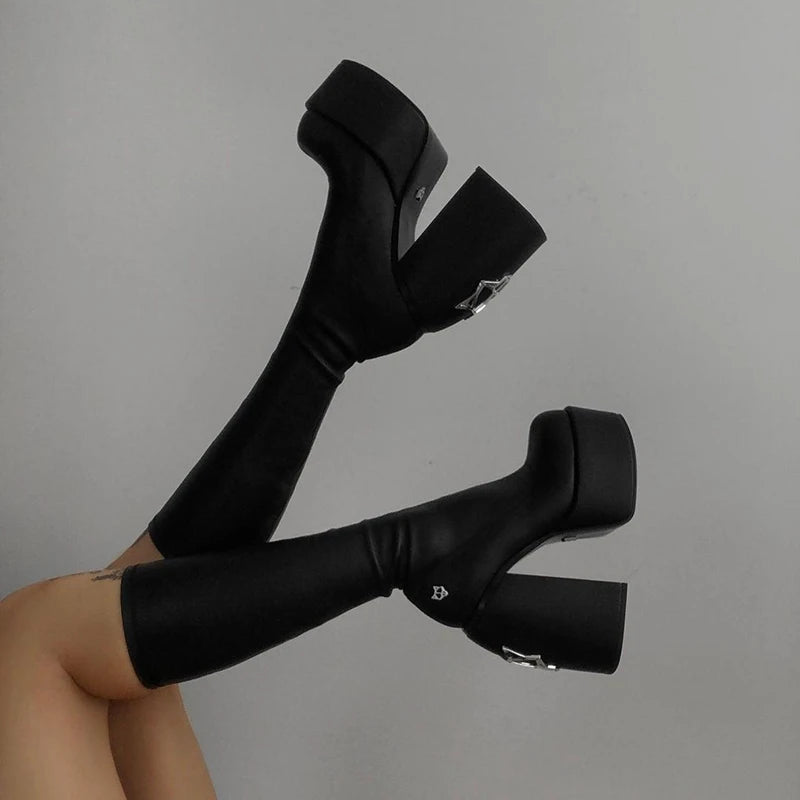 Spring Summer skinny high heels runway Naked Wolfe Spice Black Stretch Knee-High Boots platform metal wolfe head women shoes