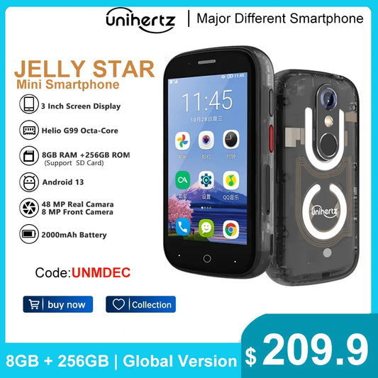 Unihertz Jelly Star Mini Smartphone Android 13 8GB 256GB Led Light Unlocked Transparent Backshell Cellphones 48MP 3 inch Phone