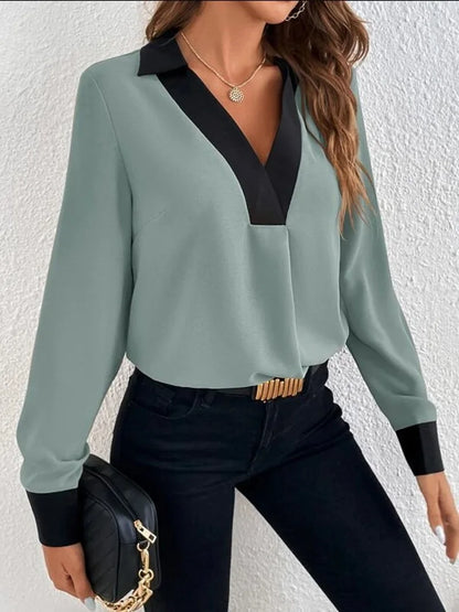 Women's Fashion V-neck Contrast Long Sleeve Casual Shirt 2023 Autumn/Winter New Elegant Office Lady Blouse Women Tops S-XXL