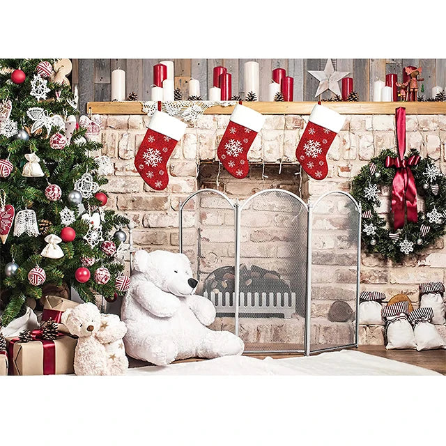 Beenle Merry Christmas Photography Background Tree Gift Window Fireplace Portrait Family Party Decor Backdrop for Photo Studio