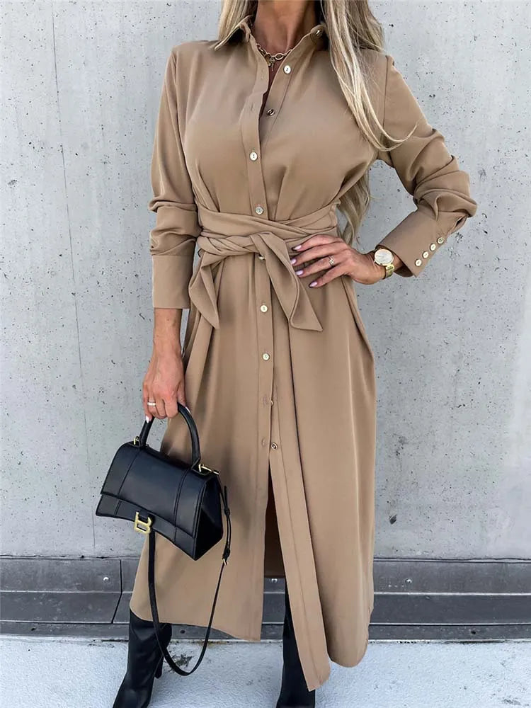 S~3XL Solid Long Sleeve Shirt Dress Women Lace up Single Breasted Beach Maxi Party Dresses Turn-down Collar Split Sash Vestidos