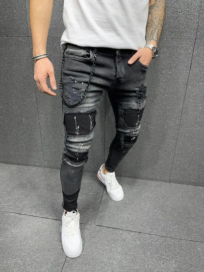 White Embroidery Jeans Men Cotton Stretchy Ripped Skinny Jeans High Quality Hip Hop Black Hole Slim Fit Oversize Denim Pants - MAGNET MARKET