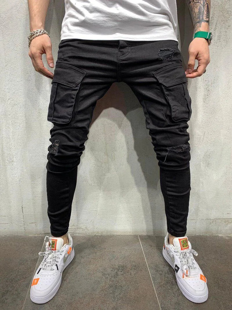 White Embroidery Jeans Men Cotton Stretchy Ripped Skinny Jeans High Quality Hip Hop Black Hole Slim Fit Oversize Denim Pants - MAGNET MARKET