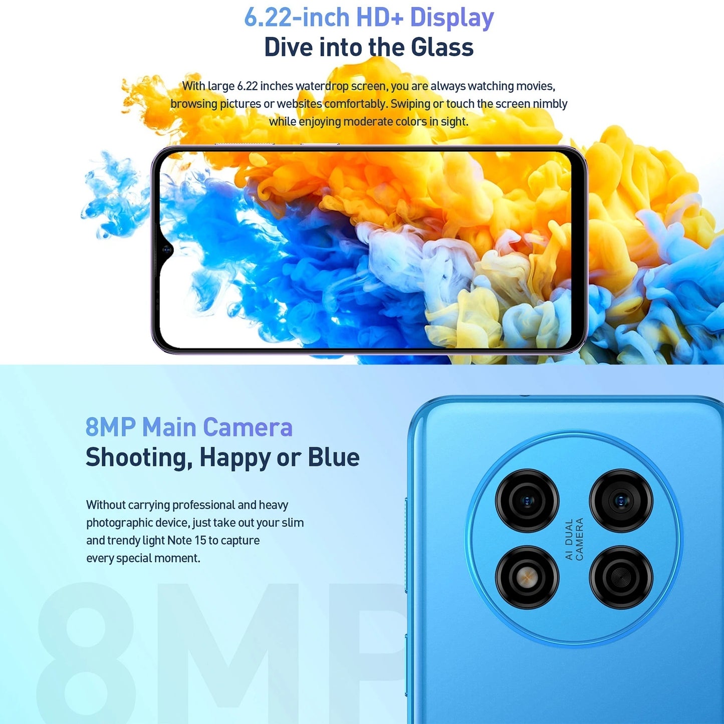 Ulefone Note 15 Smartphone Android 12 GO Phone 6.22" IPS Screen MT6580 Quad Core 2GB+32GB Face ID Unlocked Cellphones 3G Celular