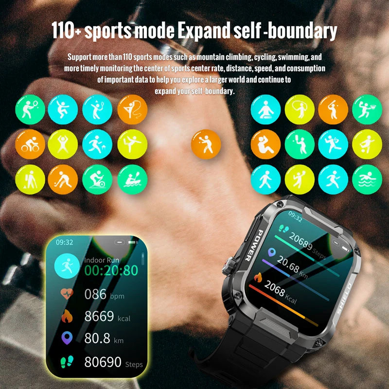 Rugged Military Smart Watch Men For Xiaomi Android Ios Ftiness Watches Ip68 Waterproof 1.85'' Bluetooth Call Smartwatch 2023 New