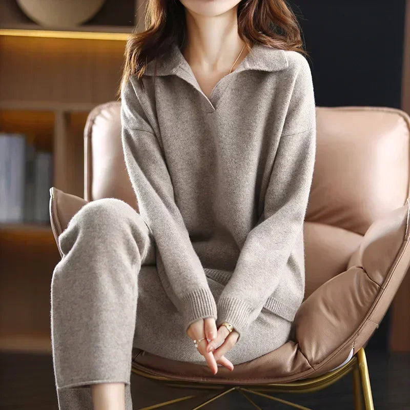 Winter 2023 New Cashmere Suit Women Loose Lapel Sweater Temperament Casual Wide-leg Pants Knitted 100% Pure Wool Two-piece Suit