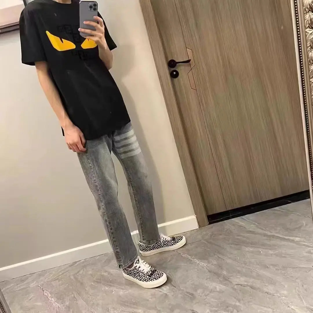 New Spring Autumn Korean Fashion Work Wear Denim Hip-hop Four Bars Printing Slim Classic Jeans Men's Luxury Jeans Trousers - MAGNET MARKET