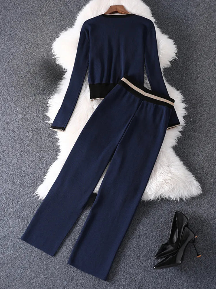 Knitting Suit Female 2023 Fall Winter Fashion Temperament Round Neck Long Sleeve Sweater Wide-Leg Pants Two-Piece Sets Women