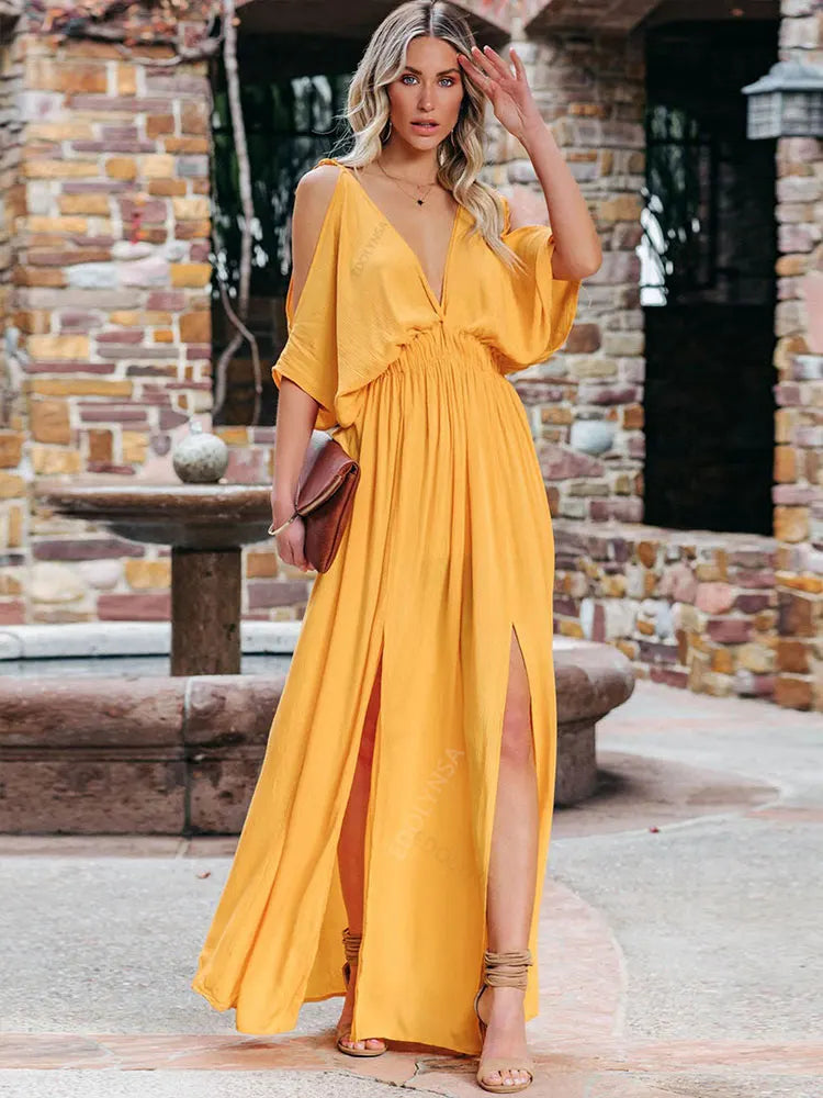 Boho Chiffon V-Neck Off Shoulder Sleeve Slit Tunic Dress Women 2023 Summer Elegant Solid Color Beach Wear Maxi Dresses A1445