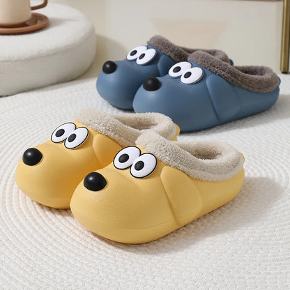 Home Cotton Shoes Women Cute Dog Cartoon Warm Slippers Soft Waterproof EVA Plush Slippers Men Couples Winter Indoor Fuzzy Shoes