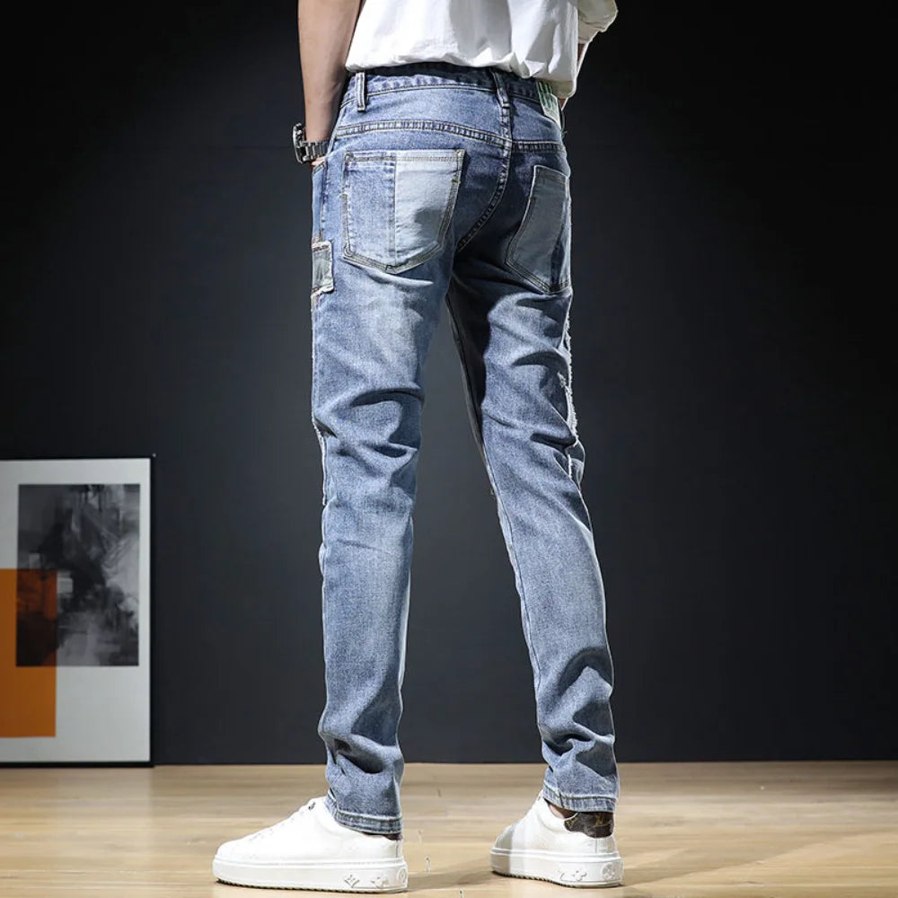 2023 Men Stylish Ripped Jeans Pants Slim Straight Frayed Denim Clothes Men New Fashion Skinny Trousers Clothes Pantalones Hombre