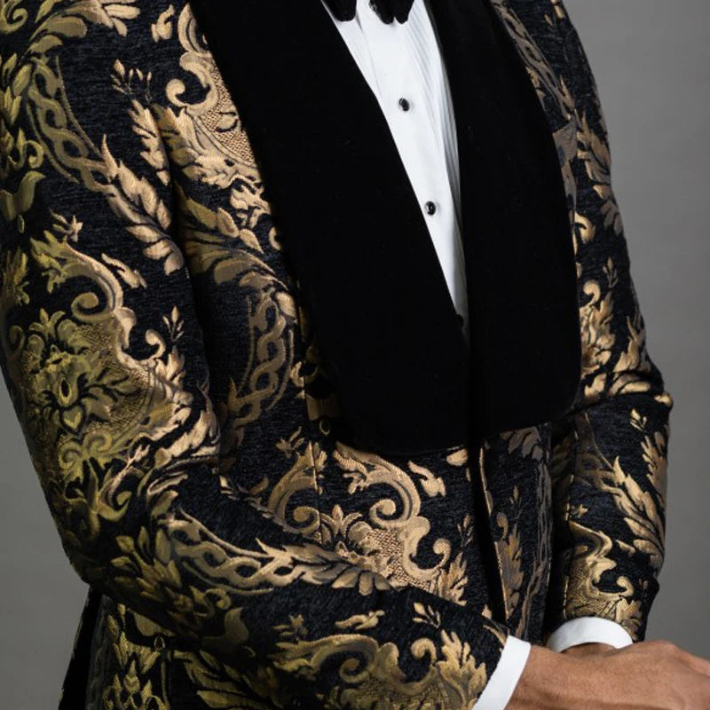 Black Floral Jacquard Men Suits for Prom 2 Piece Slim Fit with Velvet Shawl Lapel Wedding Groom Tuxedo Male Fashion Clothes 2023 - MAGNET MARKET